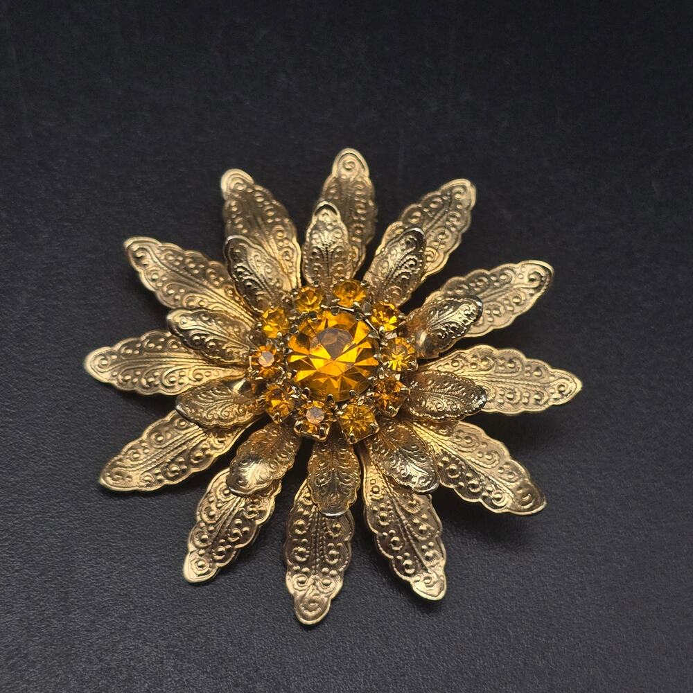 Gold Tone Embossed Flower Brooch Faux Citrine Rhinestone Vintage Jewelry